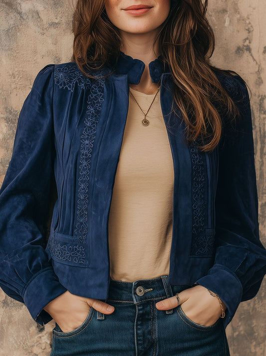Vintage Embroidered Puff Sleeve Suede Stand Collar Jacket