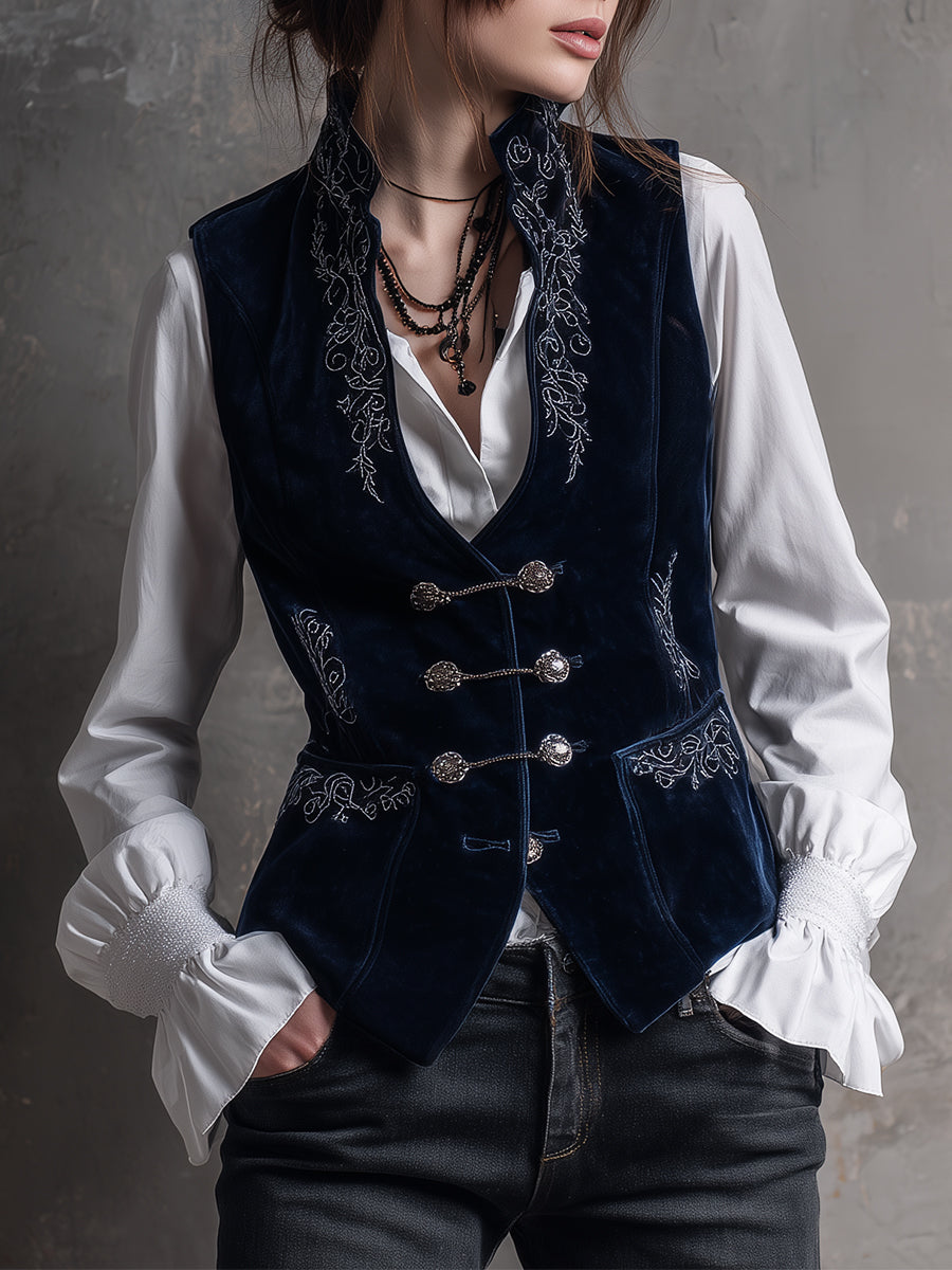 Vintage Embroidered Chain-embellished Polyester Velvet Vest