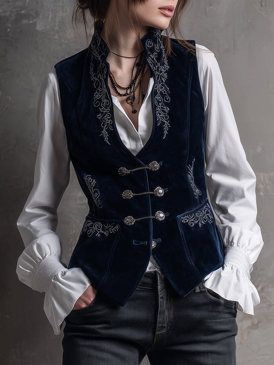 Vintage Embroidered Chain-embellished Polyester Velvet Vest