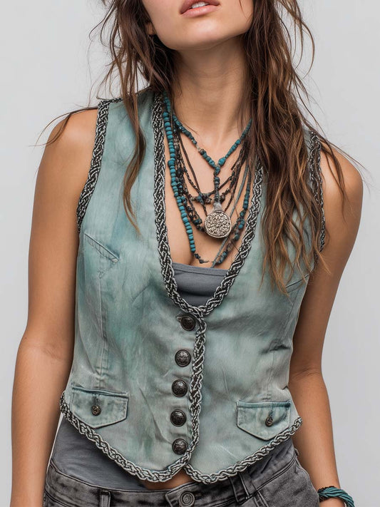 Vintage Washed Denim Mint Green Braided Trim Western Vest