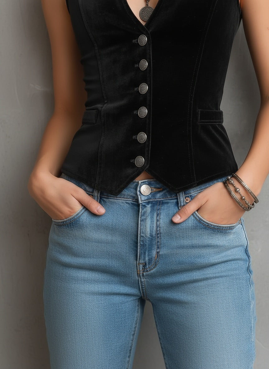 Black Velvet Victorian-Inspired Button-Up Vest