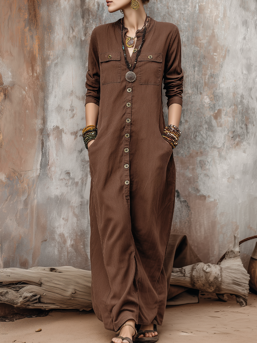 Vintage Distressed Pocket Long-sleeved Shirt Dress