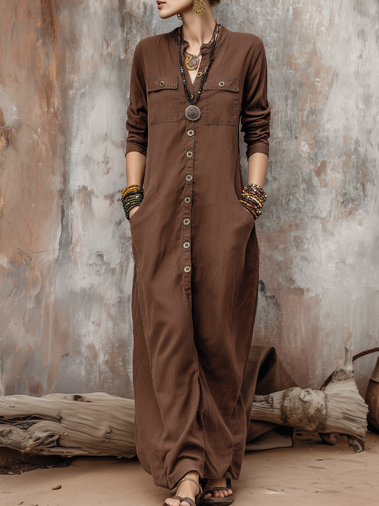 Vintage Distressed Pocket Long-sleeved Shirt Dress