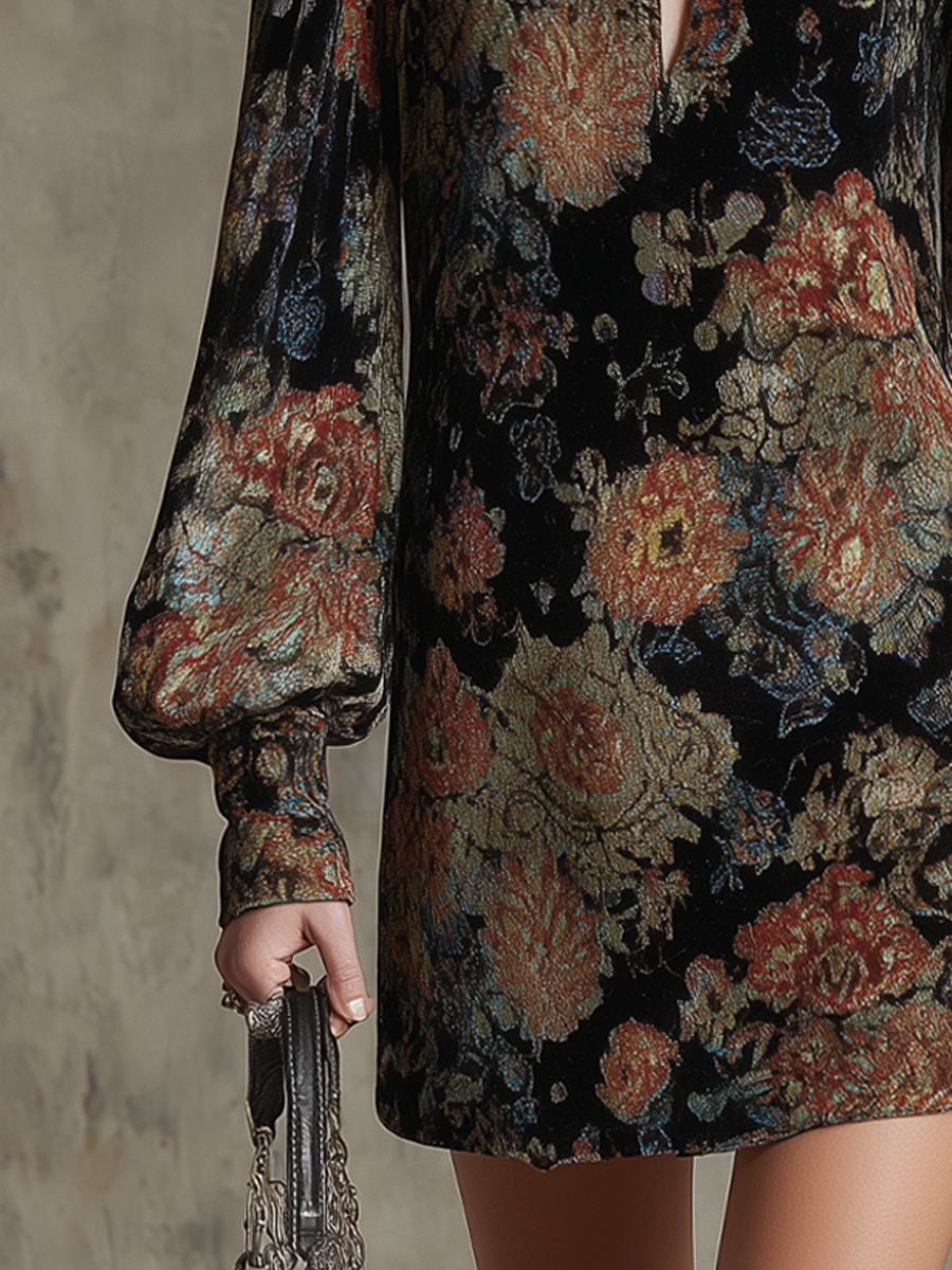 Vintage Floral Pleated Neck Velvet Mini Dress