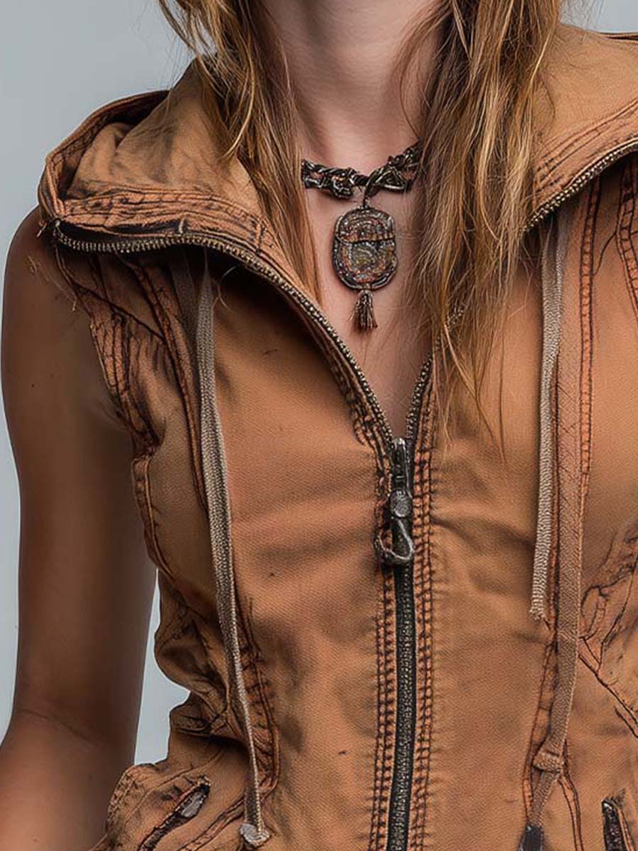 Vintage Washed Utility Style Hoodie Vest