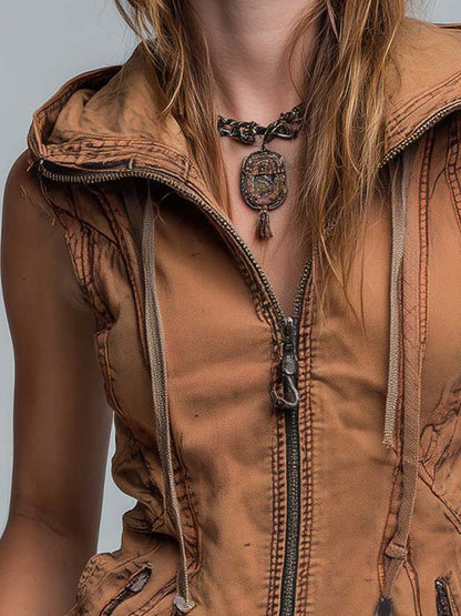 Vintage Washed Utility Style Hoodie Vest