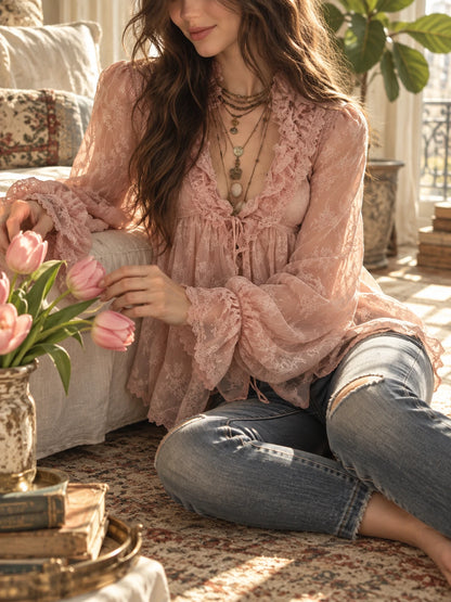 Romantic Blush Boho Sheer Ruffle Blouse