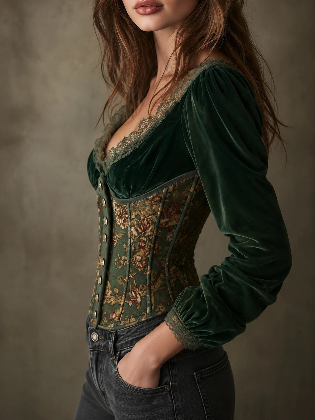 Emerald Green Velvet & Floral Lace-Trimmed Corset Blouse