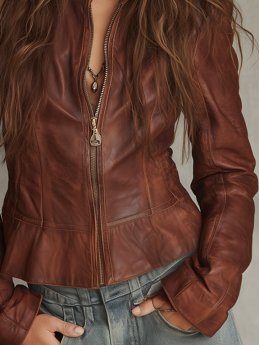 Retro Ruffled Hem Front Zip Eco-friendly PU Jacket