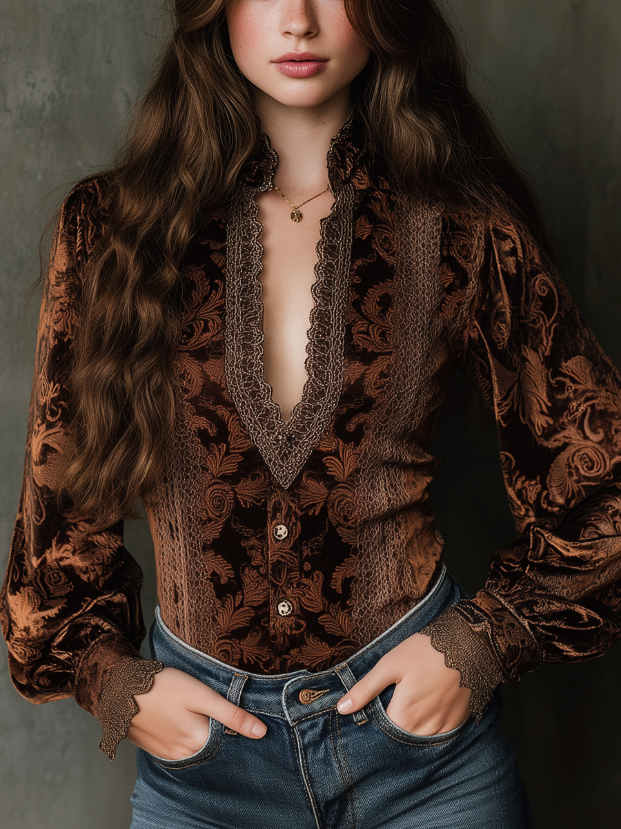 Vintage Printed Lace Trim Poly Velvet Blouse