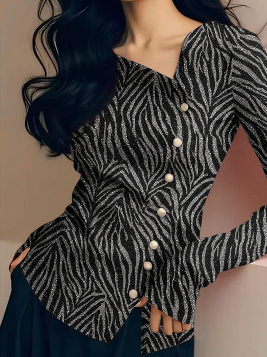 Elegant Asymmetric Button-Up Glitter Zebra Pattern Blouse