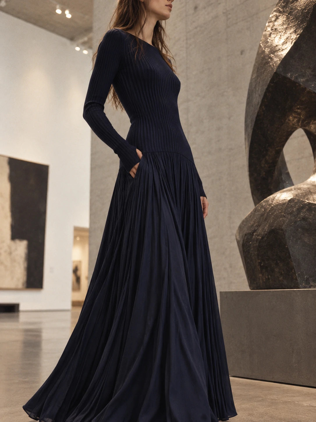 Ribbed Knit And Pleated Chiffon Midi Dress