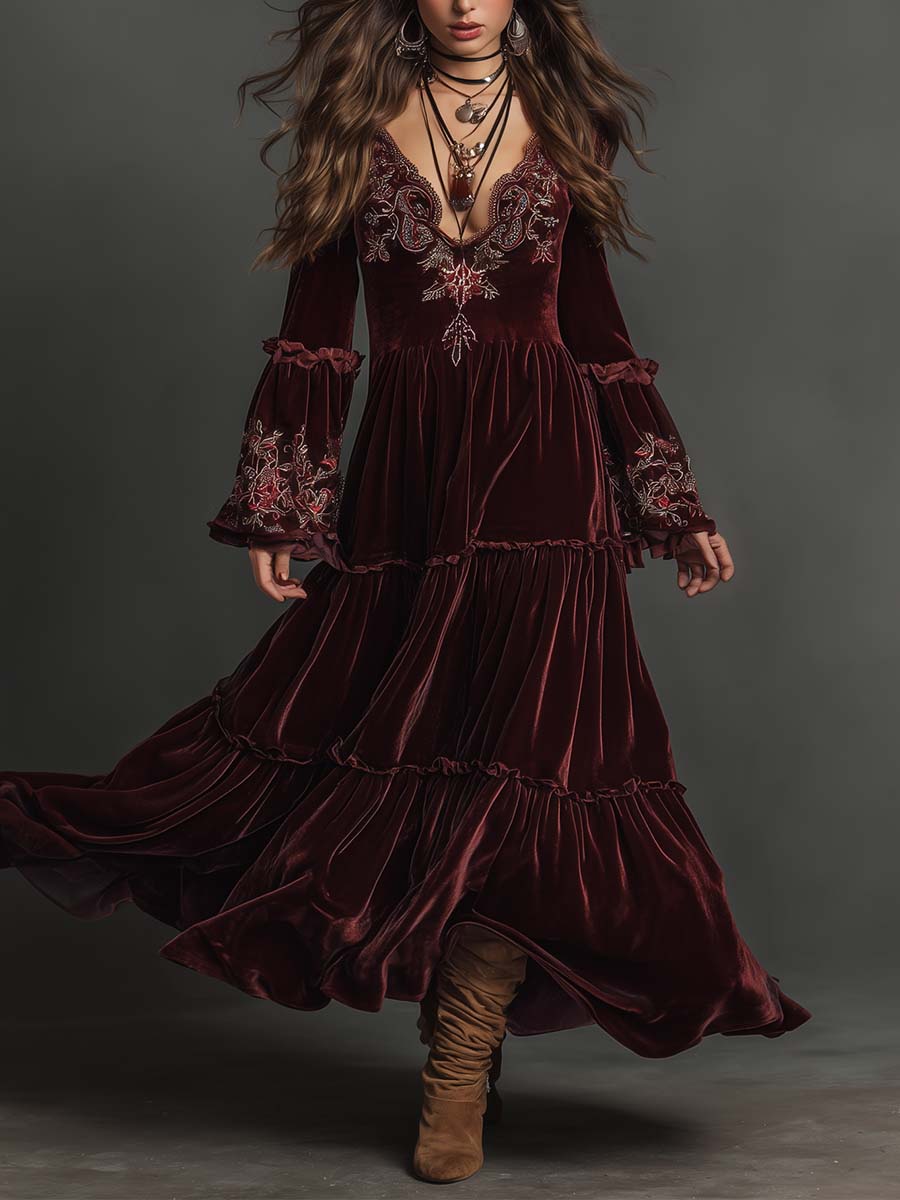 Velvet Bohemian Embroidered Maxi Dress