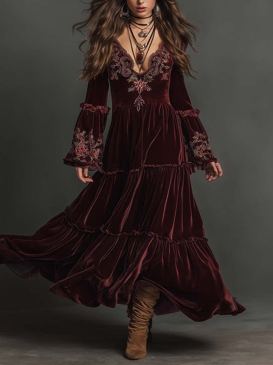 Velvet Bohemian Embroidered Maxi Dress