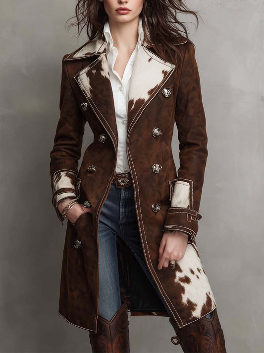 Cow Print Panel Faux Suede Long Coat