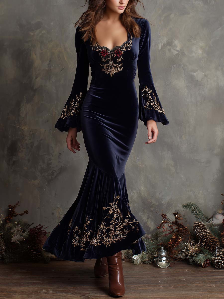 Navy Embroidered Velvet Mermaid Dress