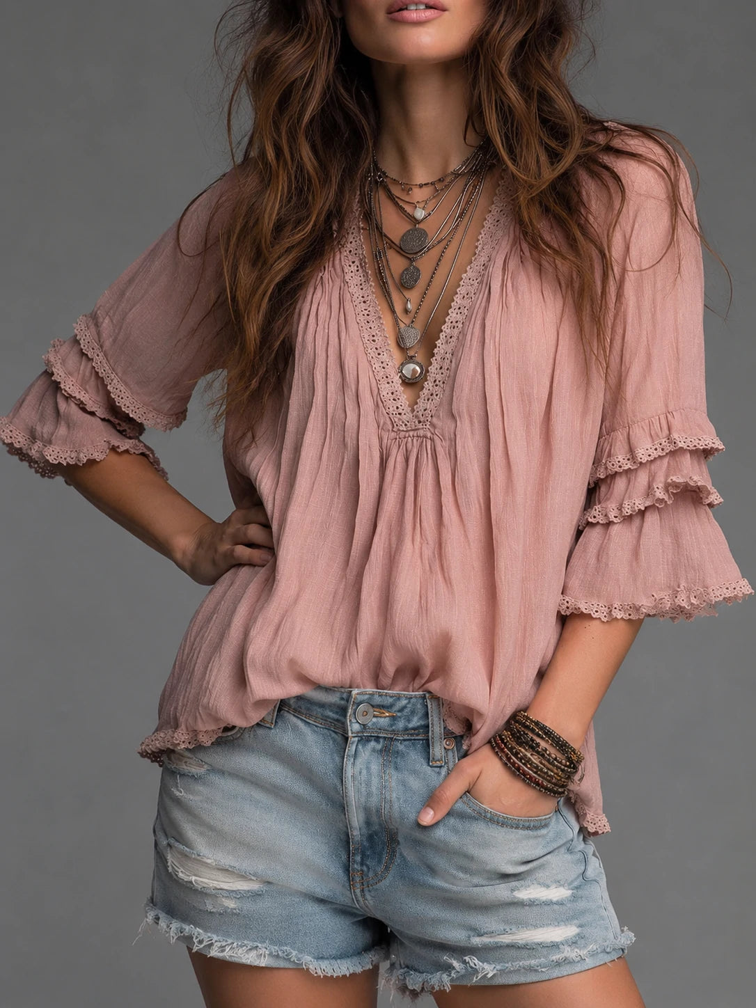 Retro Pleated Collar Ruffled Cuffs Lace Cotton Linen Blouse