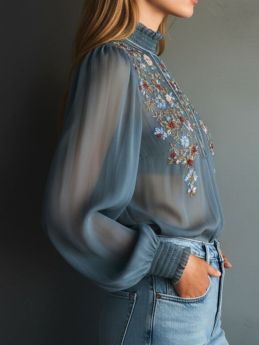 High Neck Smoky Blue Embroidered Chiffon Blouse With Sheer Sleeves