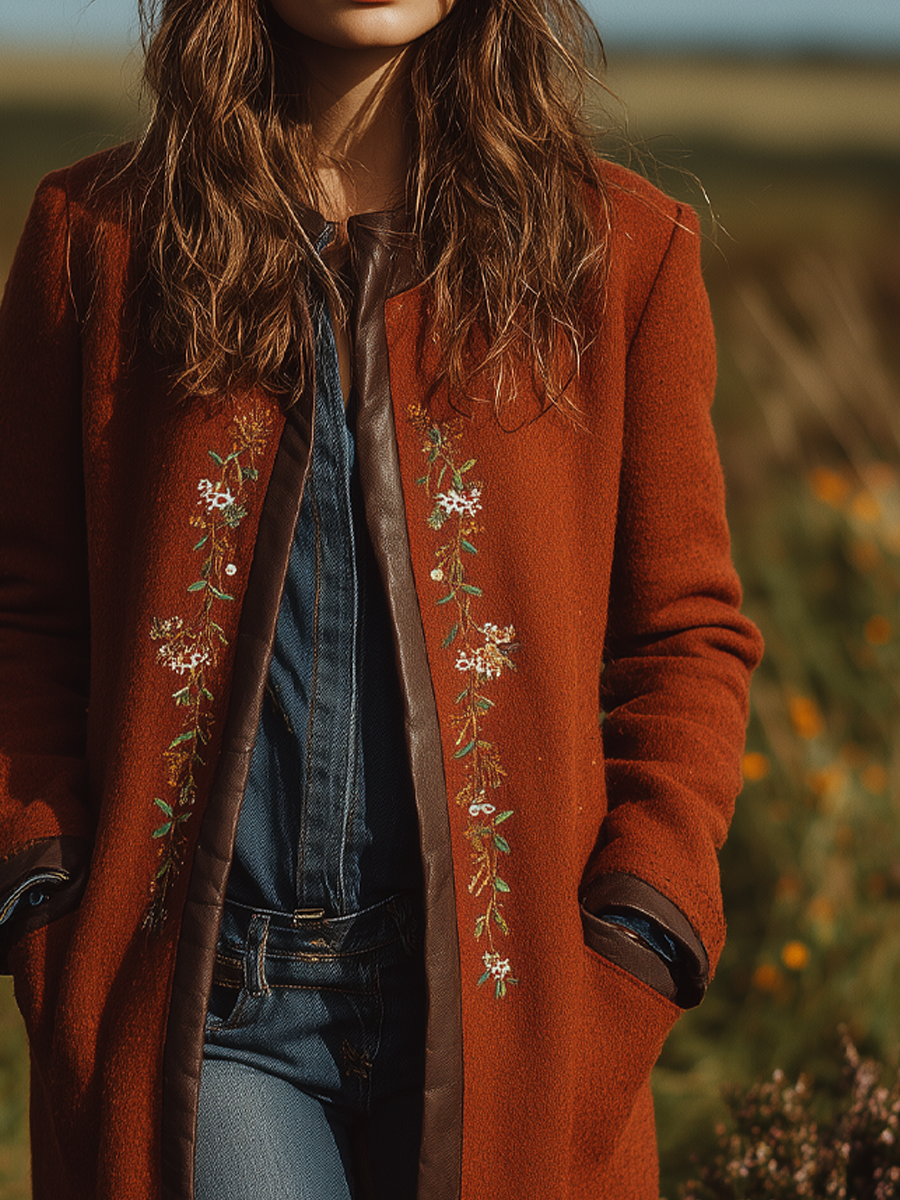 Retro Contrast Trim Embroidered Wool Blend Midi Jacket