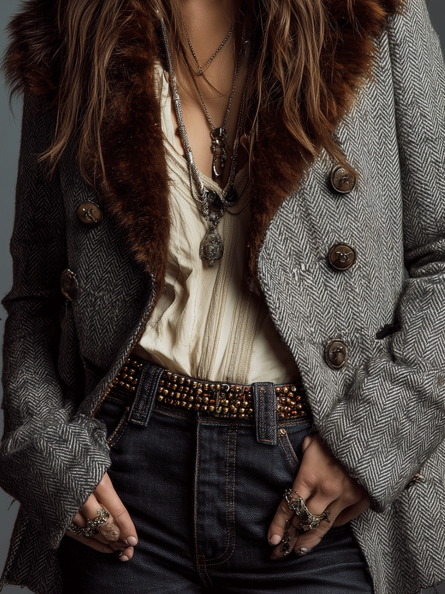 Retro Tailored Tweed Contrast Fur Lapel Jacket