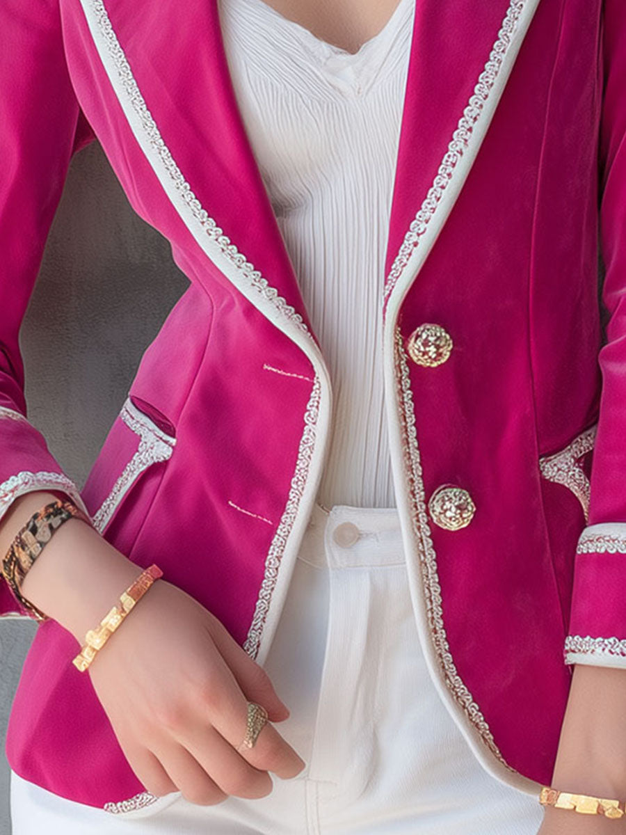 Luxe Tailored Hot Pink Velvet Blazer With White Lace Trim