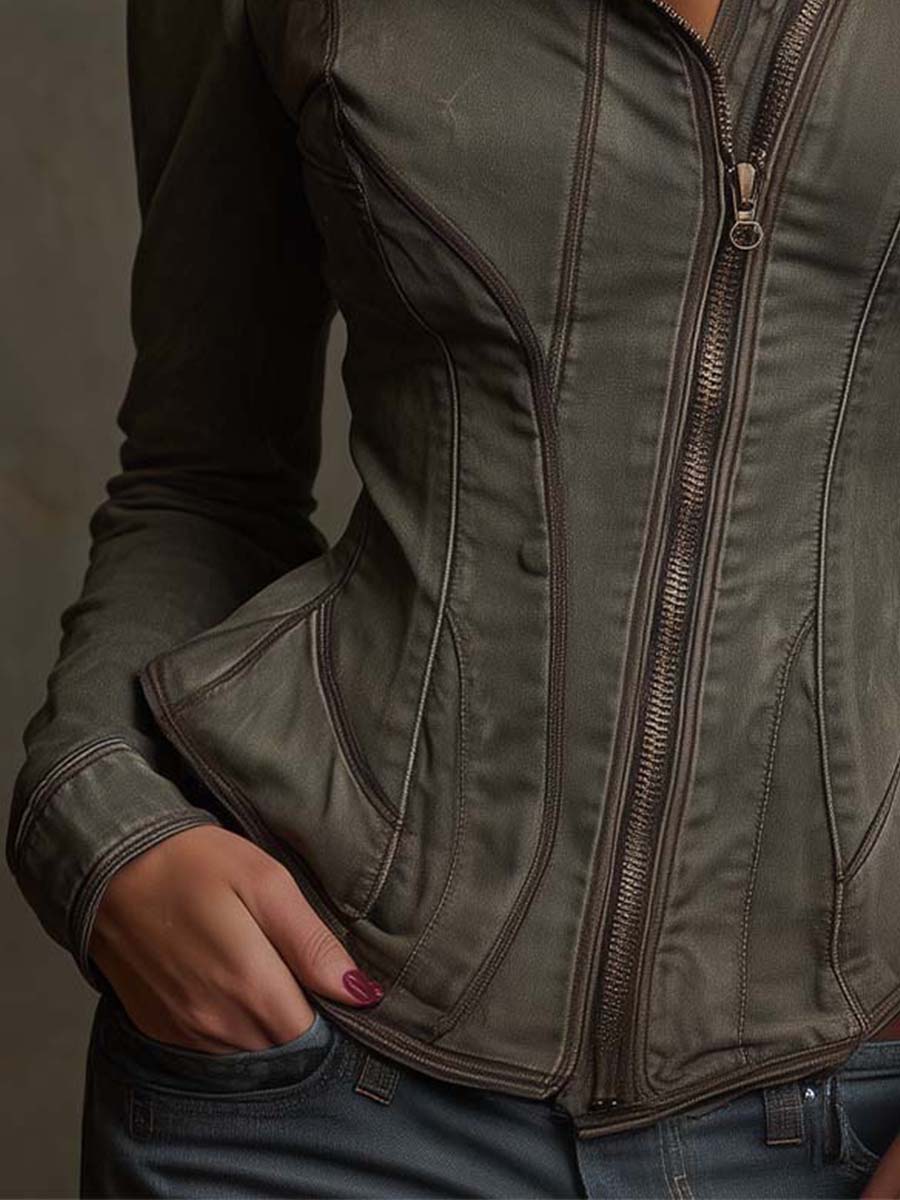 Vintage Washed Denim Fitted Jacket – Smoky Olive