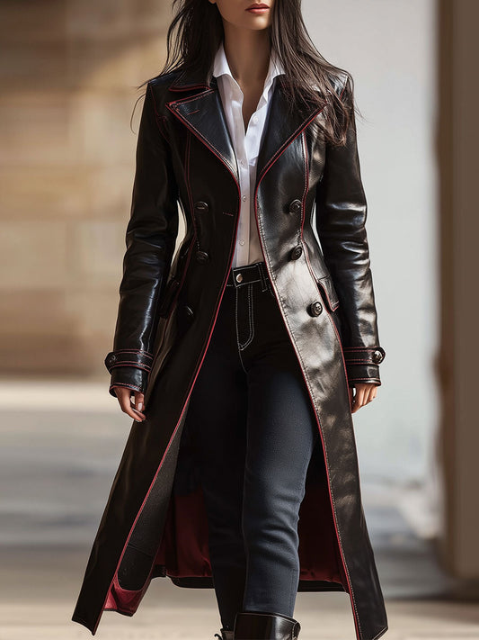 Retro PU Lapel Double-breasted Long Coat