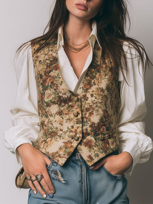 Vintage Oil Painting Flower Print Vest