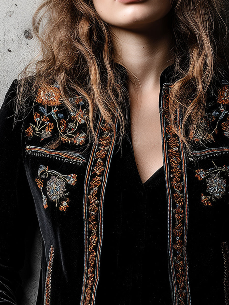 Boho Luxe Baroque Floral Embroidered Velvet Jacket