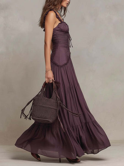Bohemian Ruffle Ruched Tiered Chiffon Maxi Dress