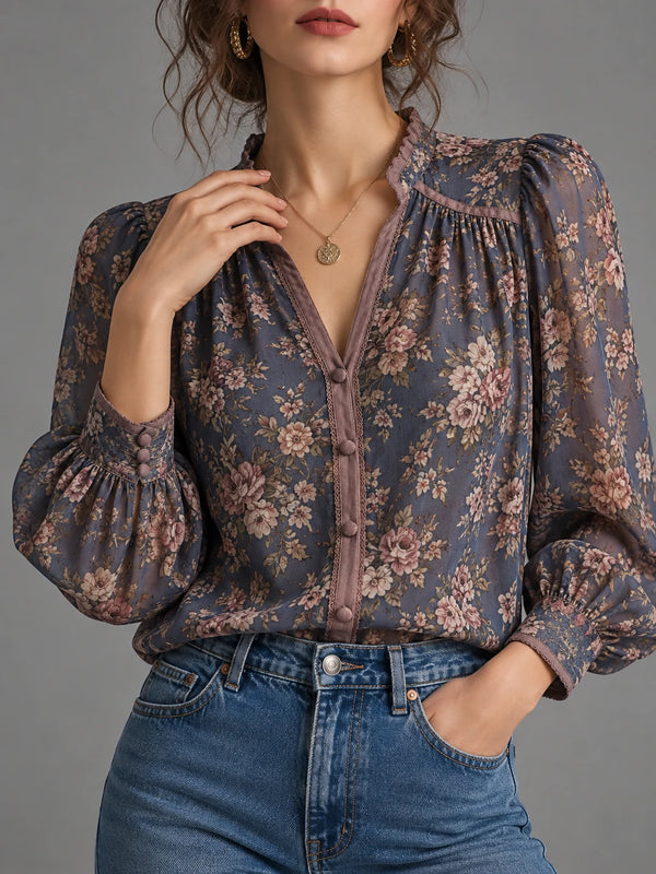 Slate Floral Button-Front Balloon-Sleeve Blouse
