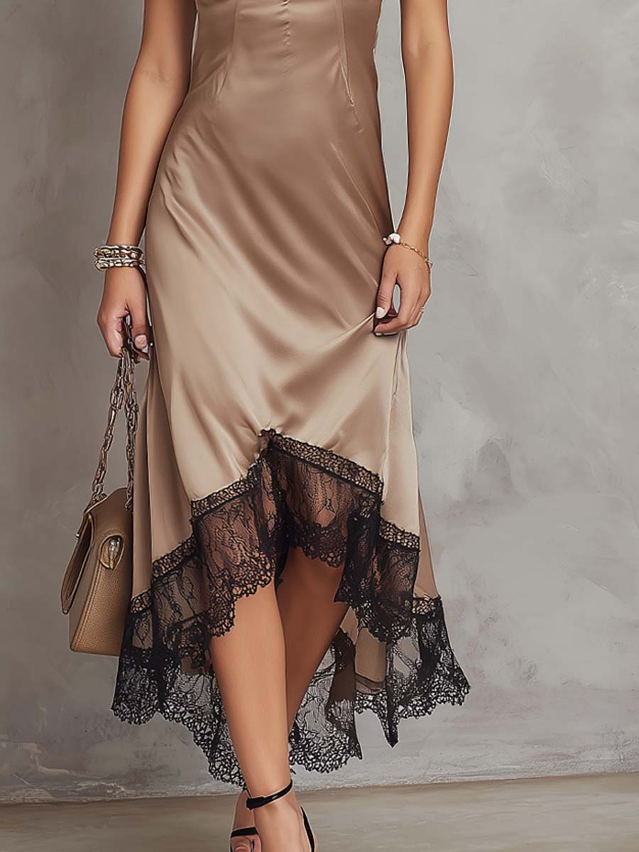 Vintage Contrast Lace Trim Irregular Hem Polyester Satin Midi Dress