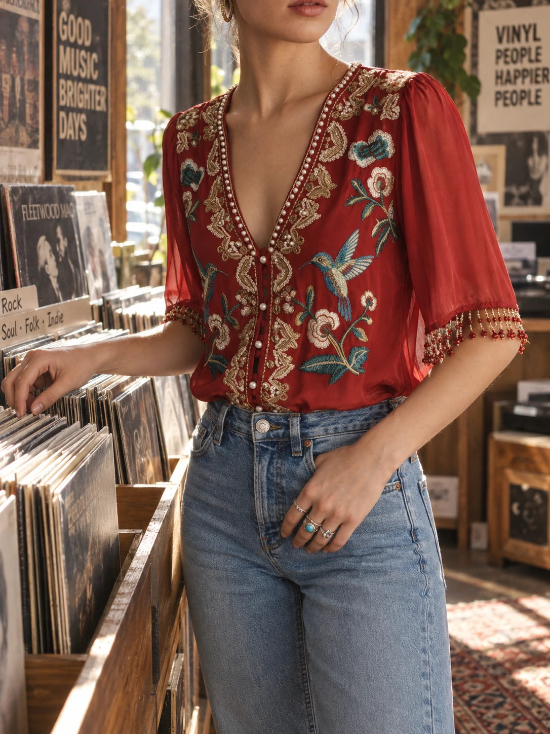 Elegant Embroidered V-Neck Blouse - Hummingbird & Floral Design