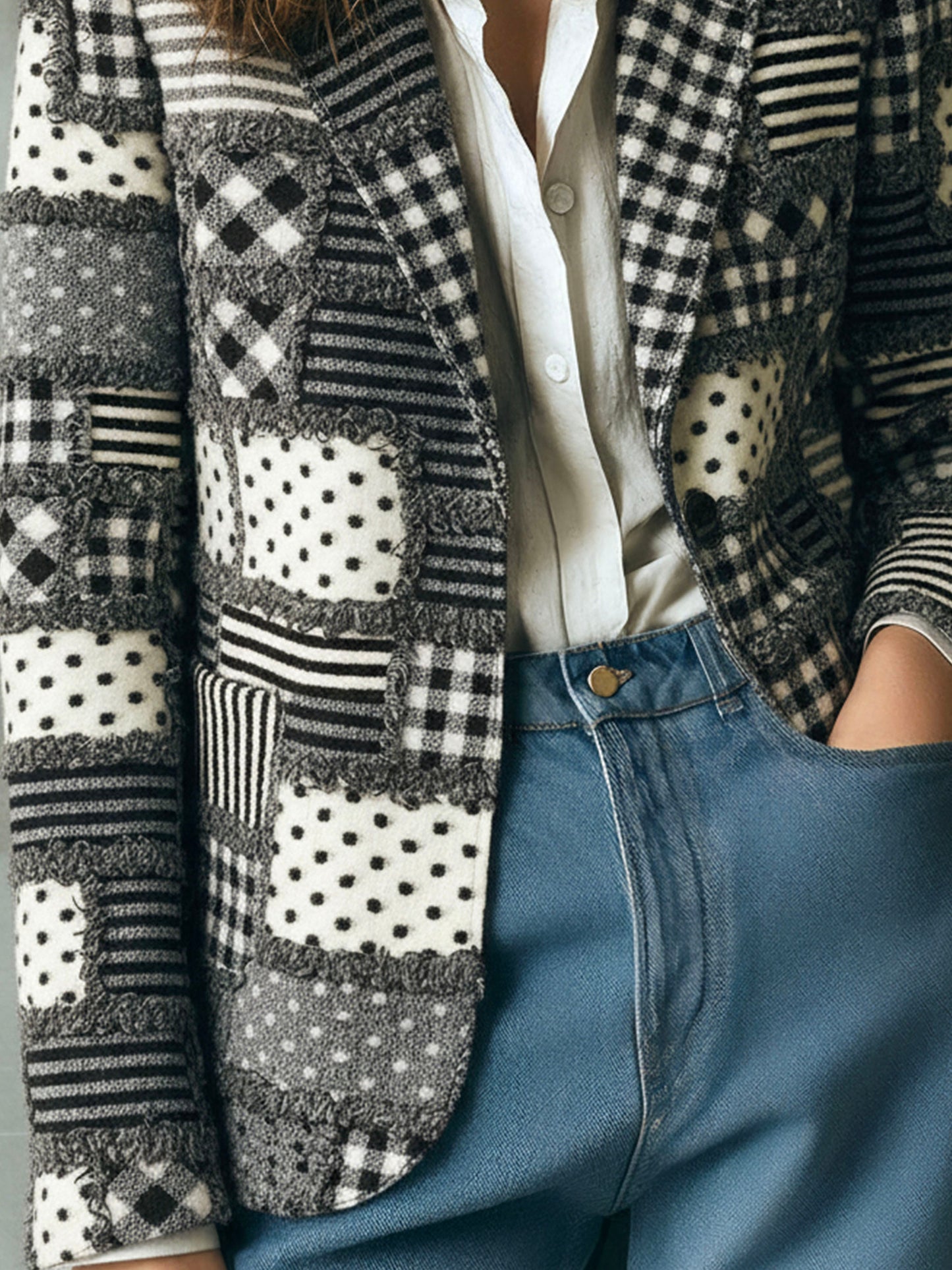 Vintage Plaid And Polka Dot Pattern Patchwork Wool Blazer