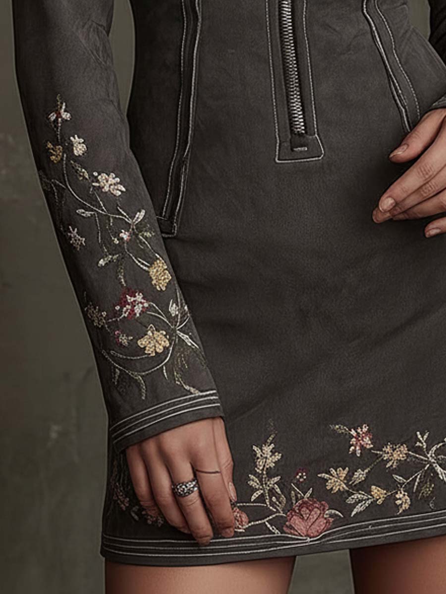 Charcoal Gray Embroidered Zip-Up Suede Mini Dress