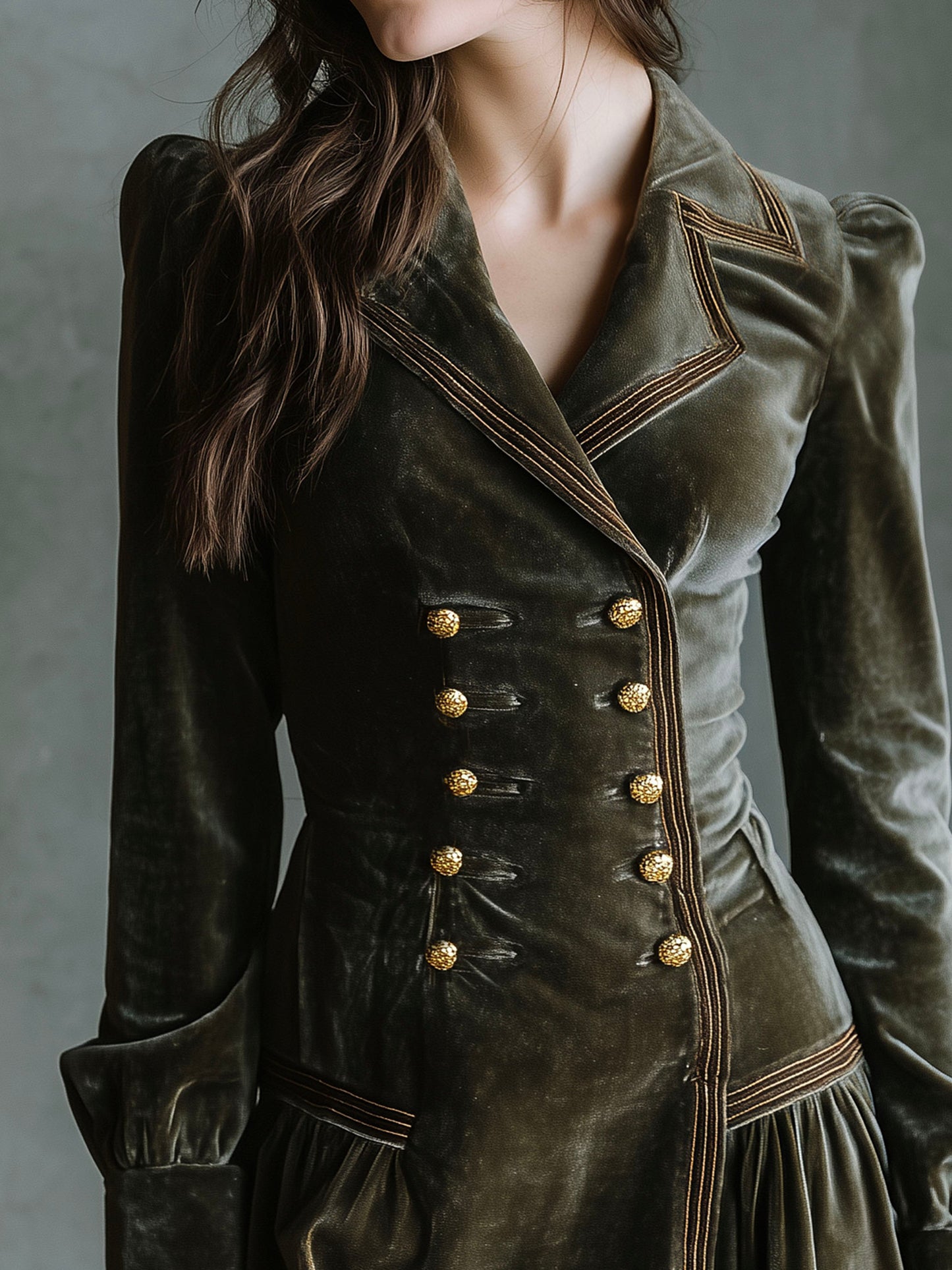 Vintage Double-Breasted Army Green Velvet Blazer Dress With Pleated Hem