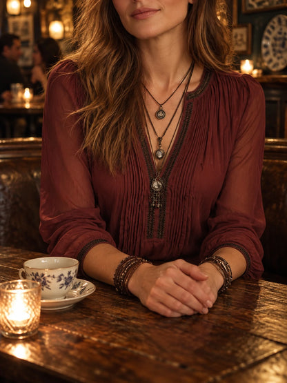 Vintage Contrast Trim Pleated Long Sleeve Henley Shirt