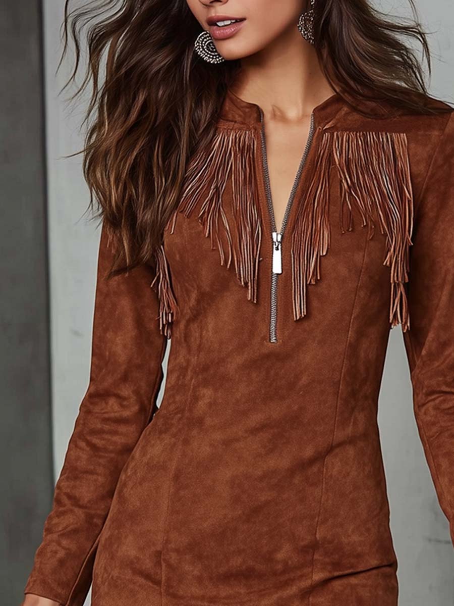 Retro Zippered Collar Tassel Polyester Suede Mini Dress
