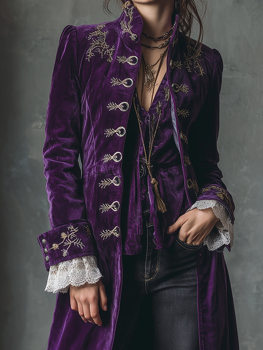 Vintage Embroidered Polyester Velvet Mid-length Jacket