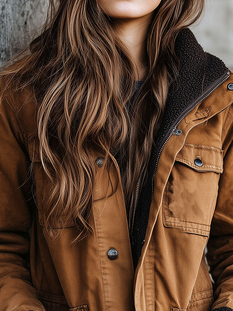 Camel Brown Warm Sherpa Inner Lining Canvas Utility Jacket