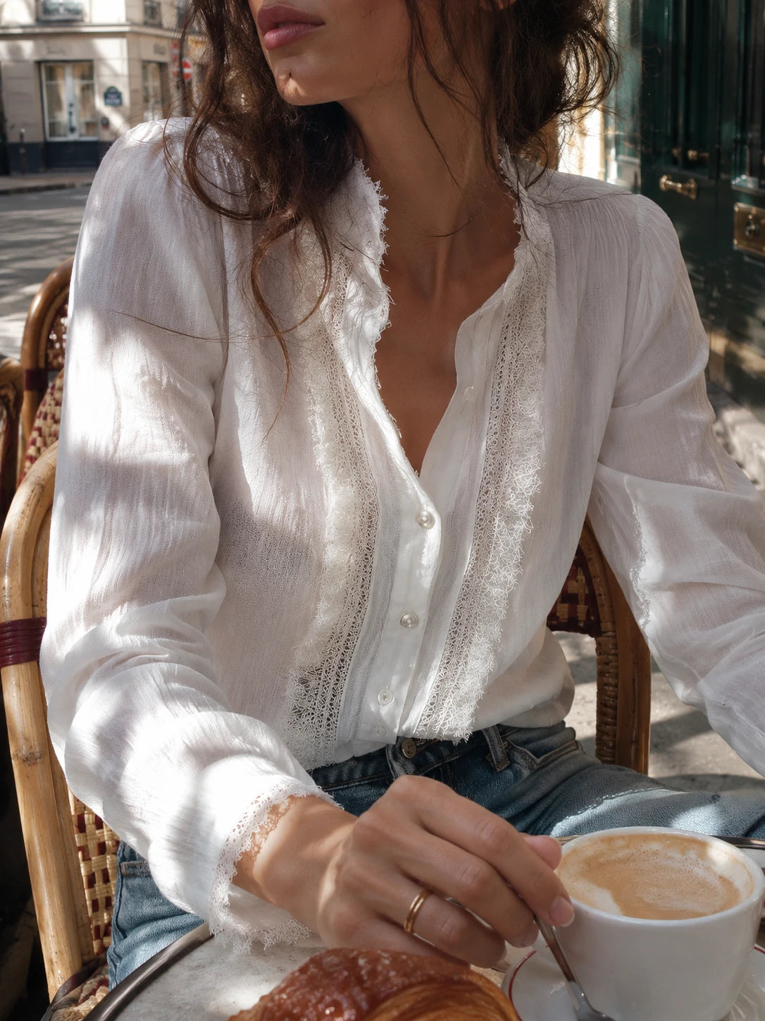 Vintage Lace Trim Long Sleeve Cotton Blouse