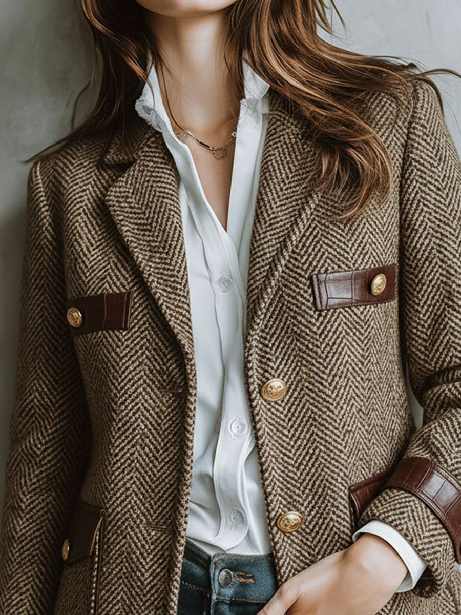 Vintage Gold Button Brown Herringbone Tweed Blazer With Leather Trim