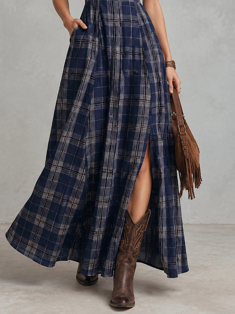 Navy Plaid Square-Neck Slit Maxi Dress