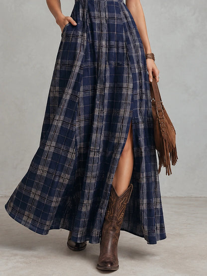 Navy Plaid Square-Neck Slit Maxi Dress