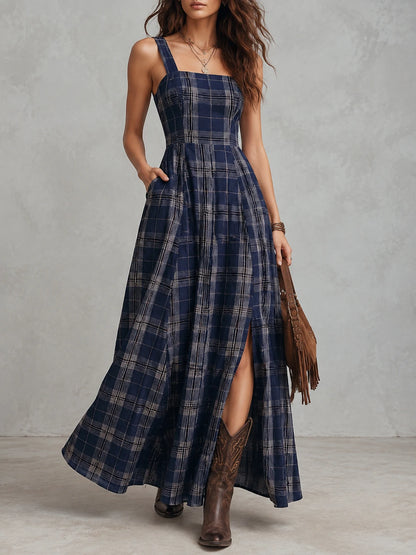 Navy Plaid Square-Neck Slit Maxi Dress