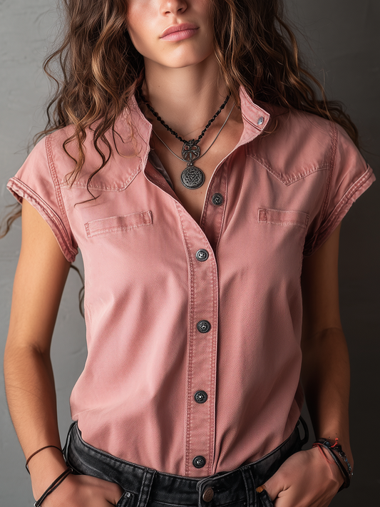 Vintage Crew Neck Short Sleeve Denim Blouse
