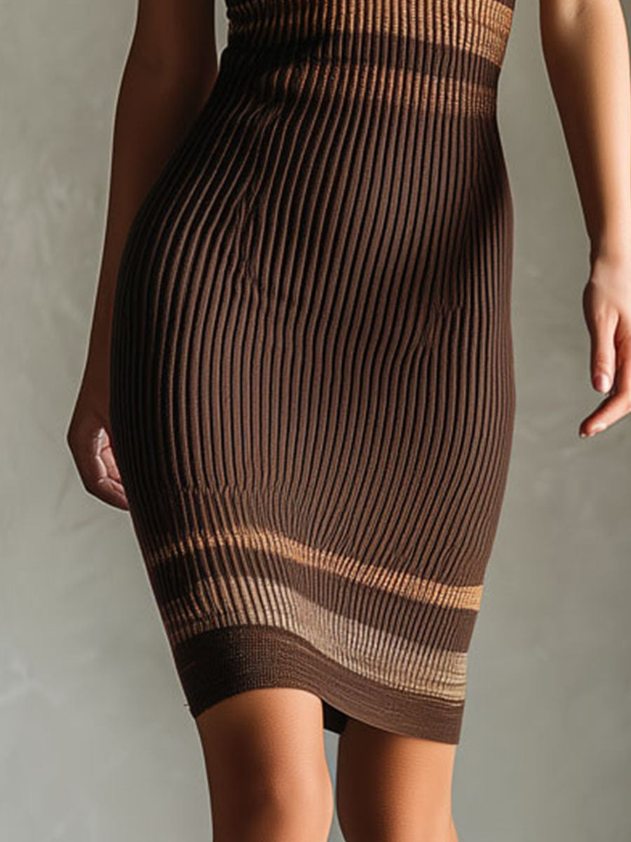 Strappy V-Neck Chocolate Brown Ribbed Knit Bodycon Dress