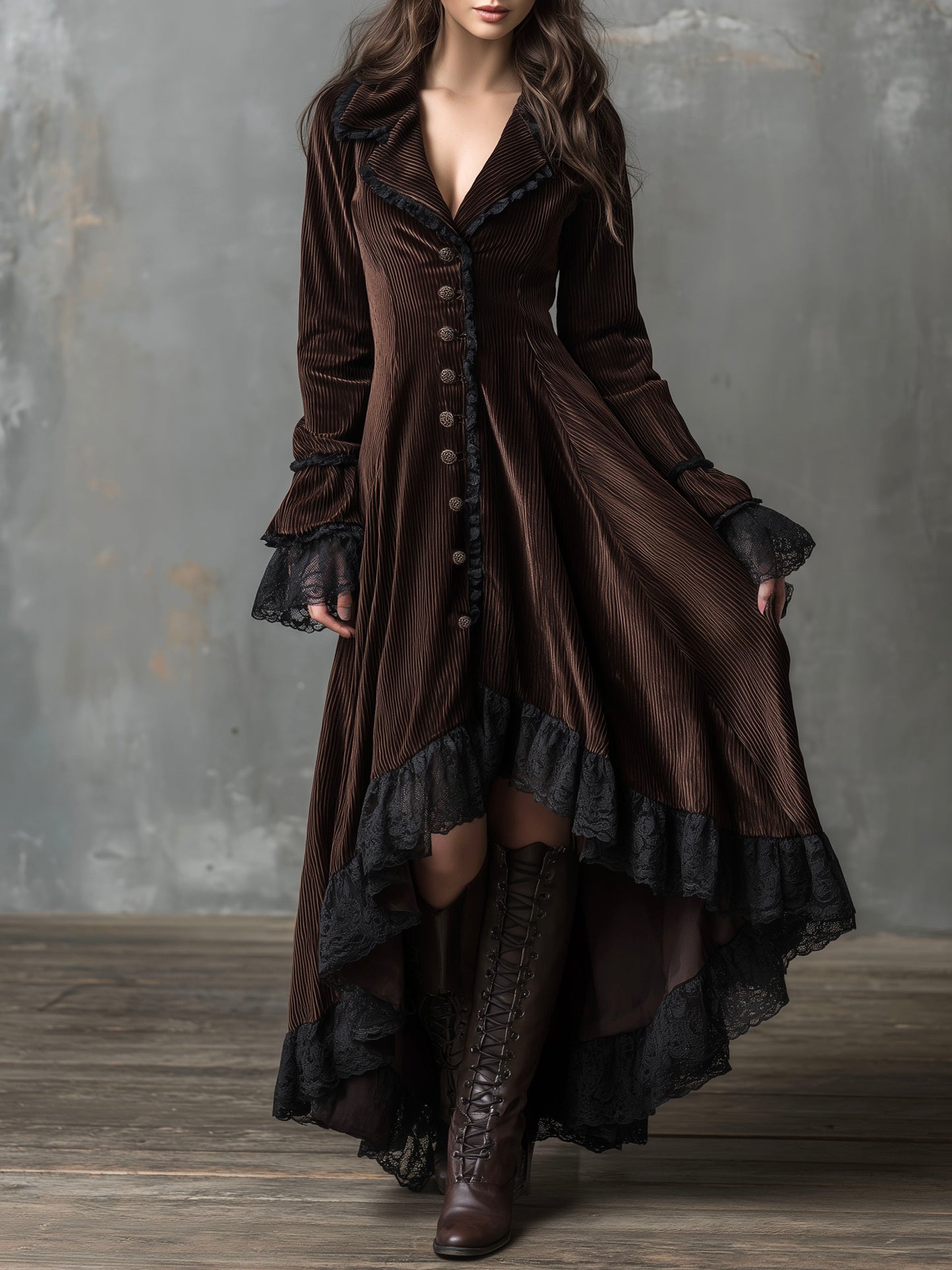 Vintage Velvet Gothic High-Low Maxi Dress With Lace Trim And Button Front