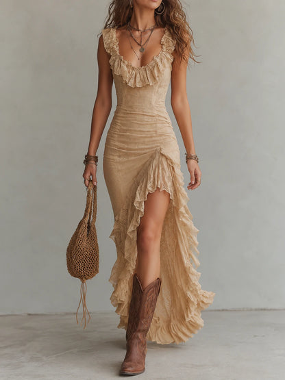 Boho Ruffled-Collar Lace Maxi Dress With High Slit