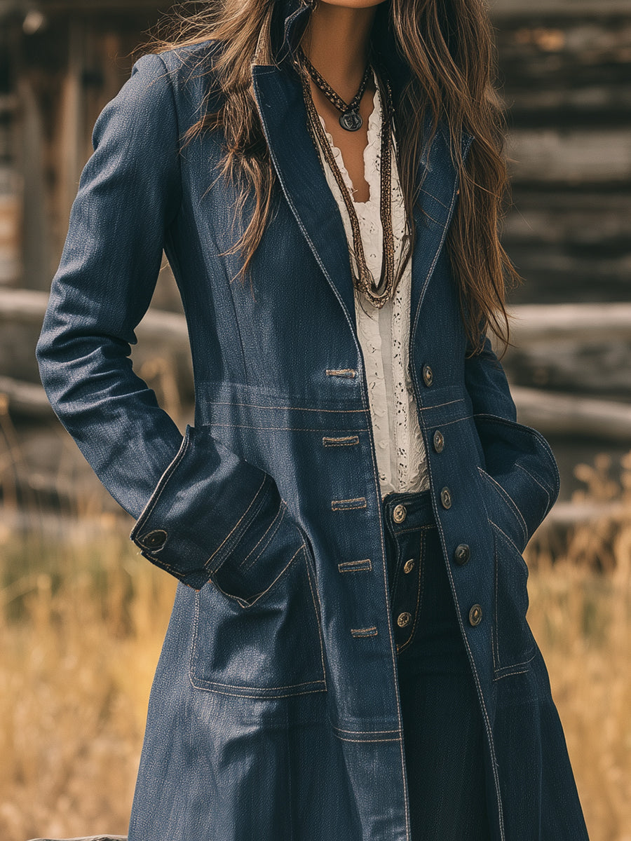 Bohemian Washed Denim Double-breasted Midi Jacket